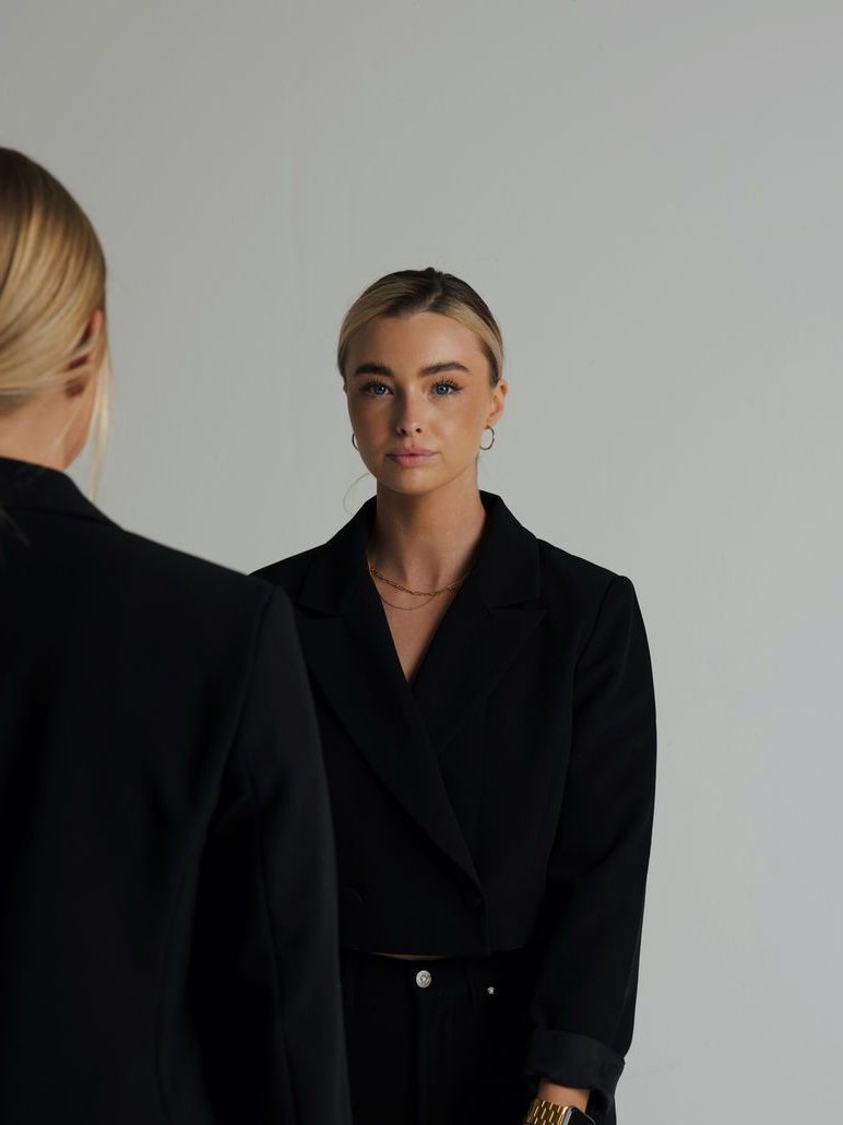 Two people photographed together for a brand shoot